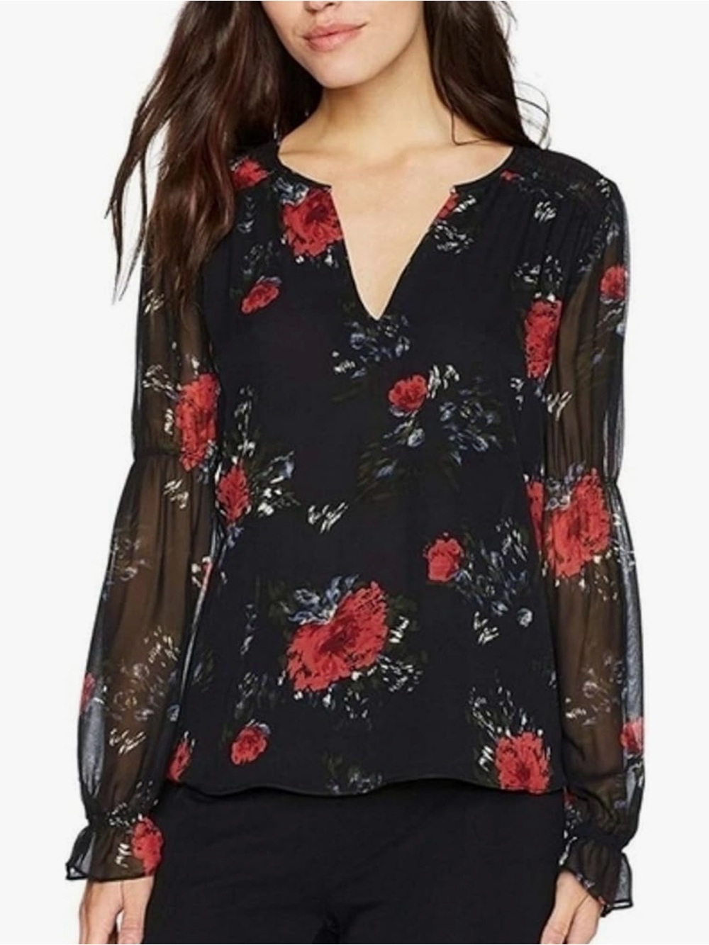 Joie Black with Red Floral Long Sleeve Silk Top